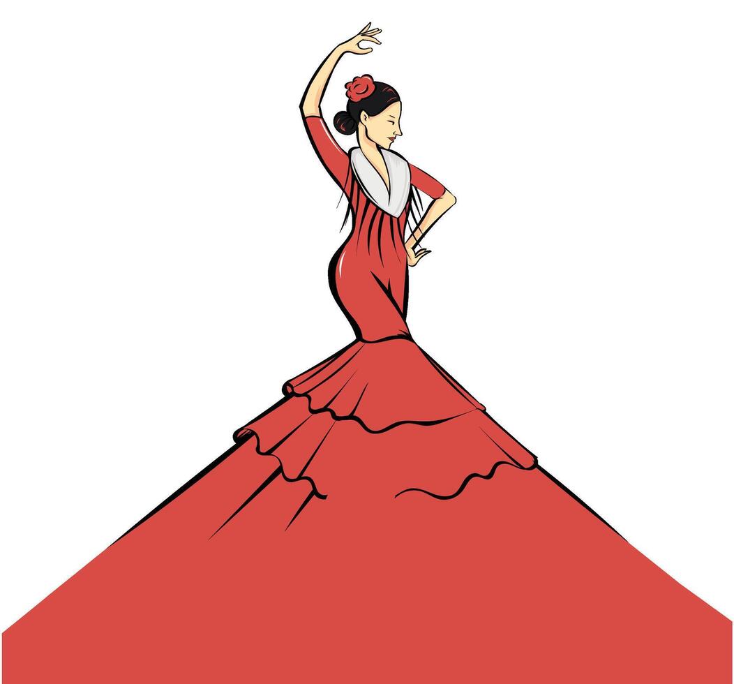 Spanish flamenco dancer, with red dress on white background. illustration vector