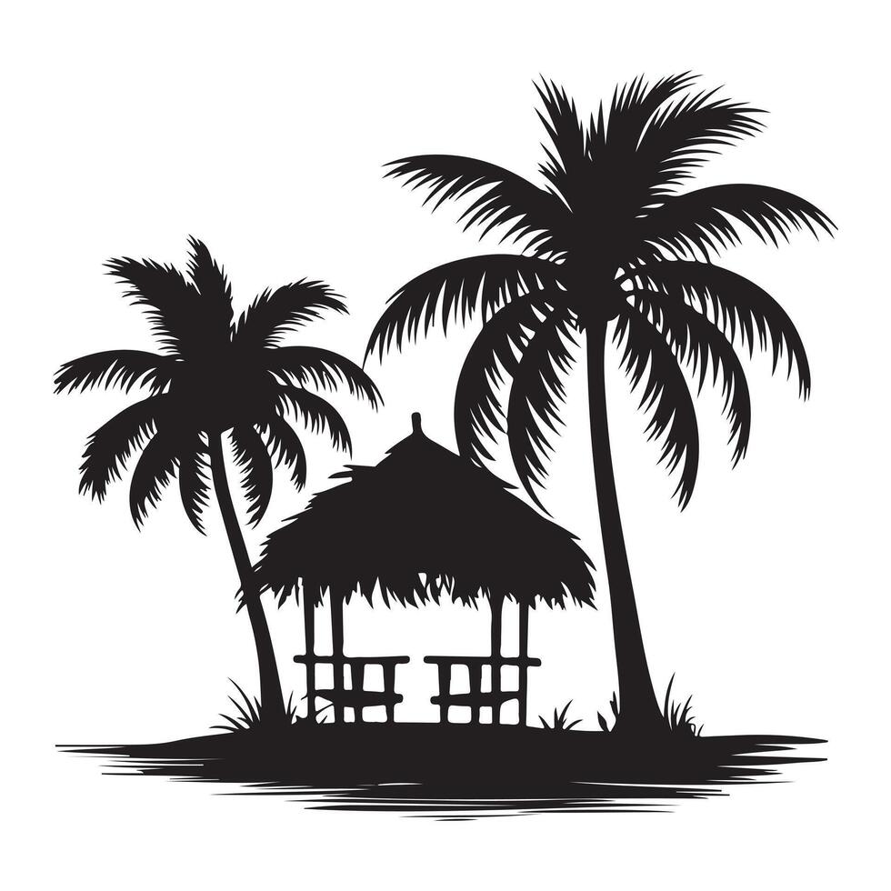 Black Silhouette of Palm Trees and Cabin vector