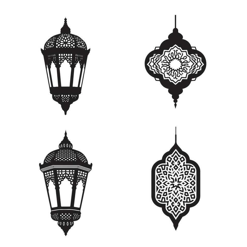 Black Eastern Lantern Silhouette with Islamic Style on White Background vector