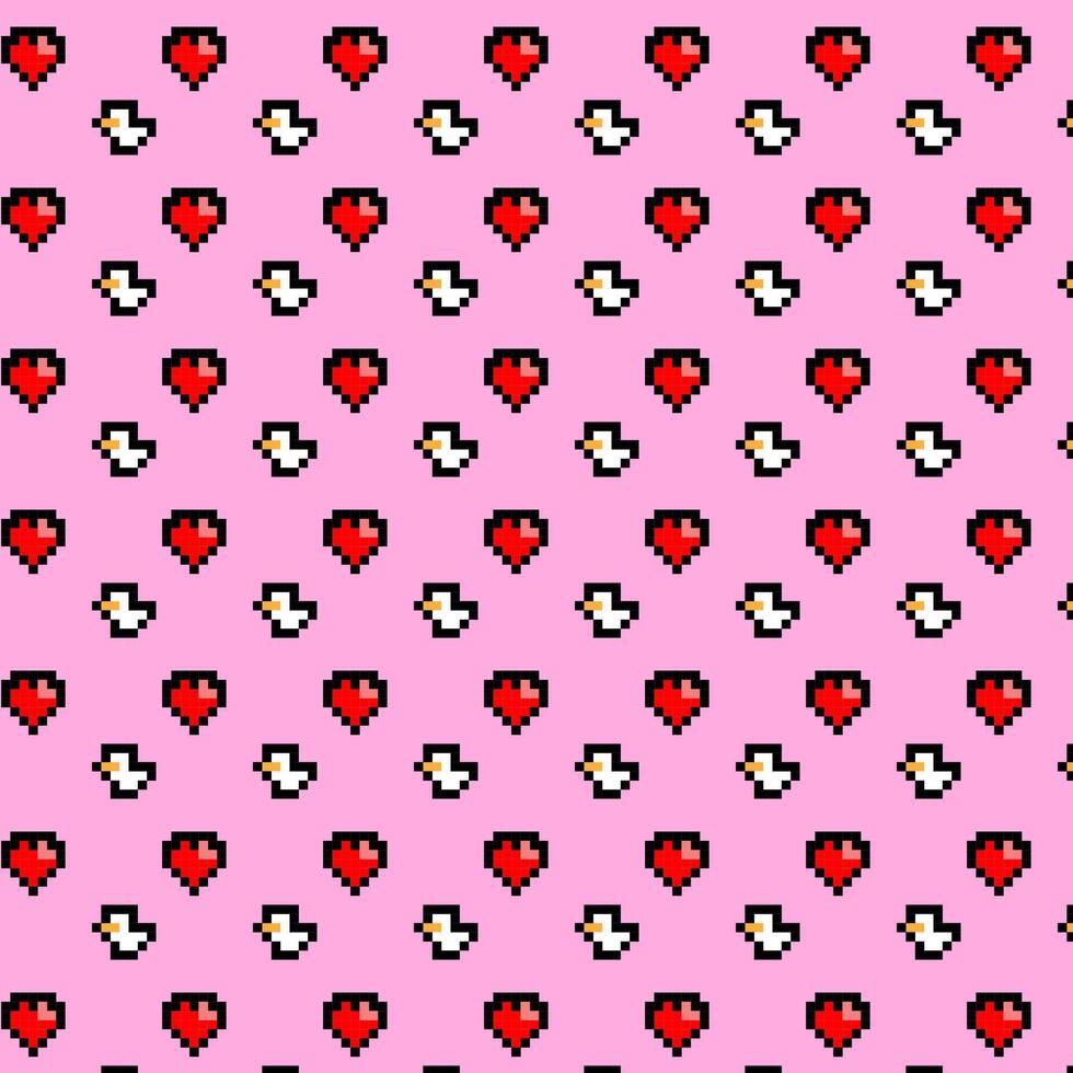 Pink background with pixelated red hearts and white ducks pattern vector