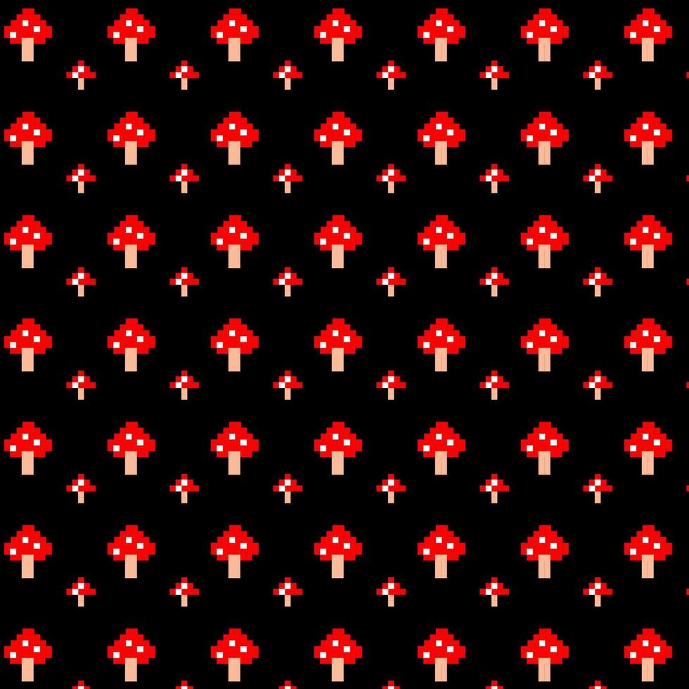 Seamless retro pixel art red mushrooms pattern on black background vector