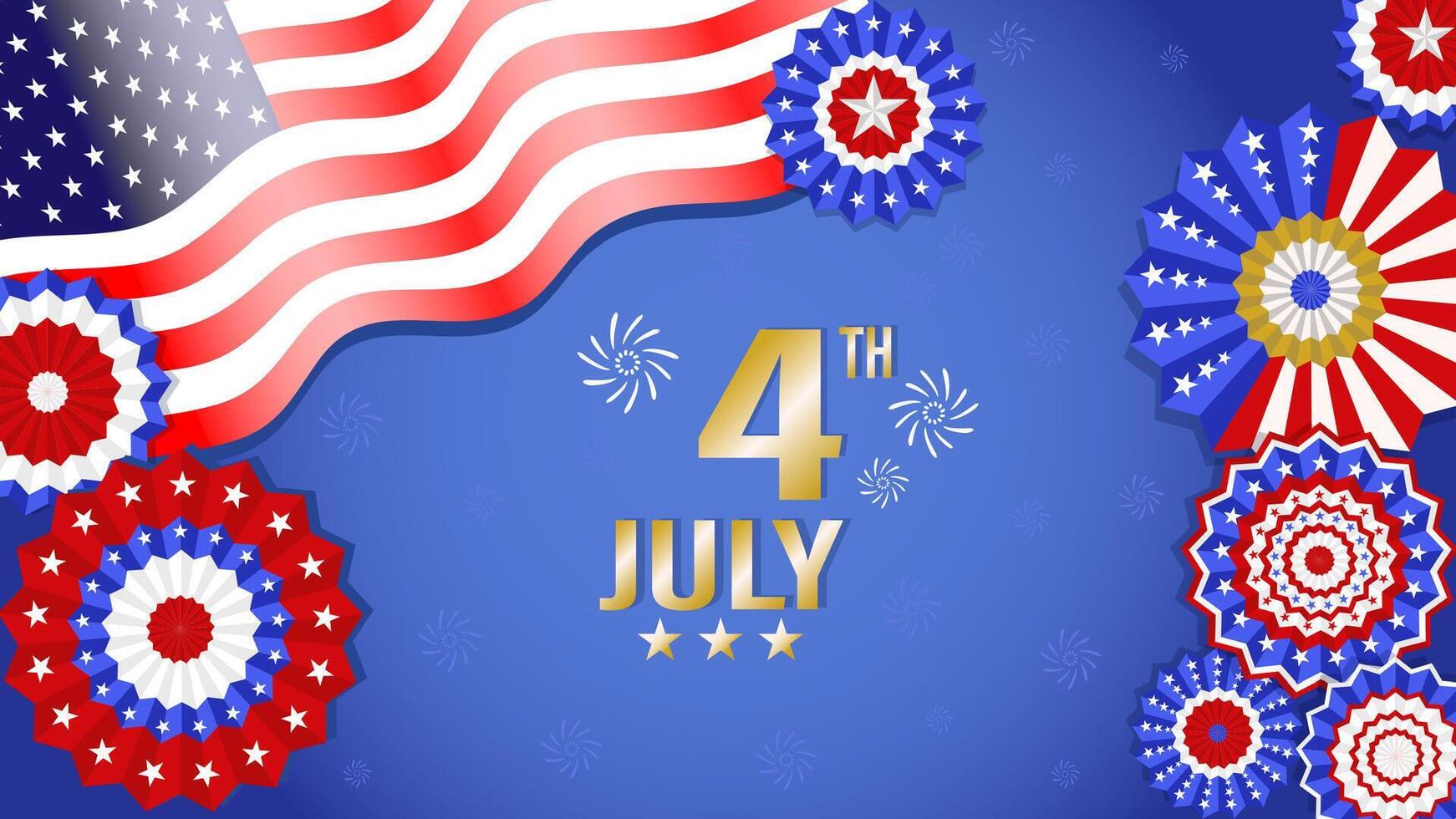 Festive u.s. independence day celebration with american flags and patriotic rosettes vector
