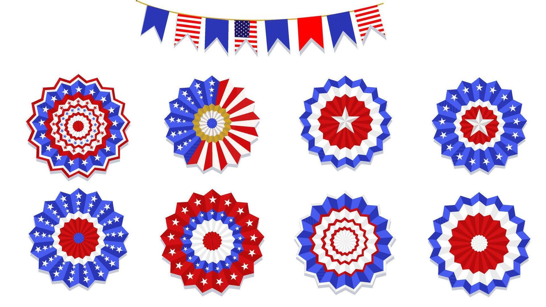 Set of patriotic red white blue rosettes with stars and stripes for independence day vector