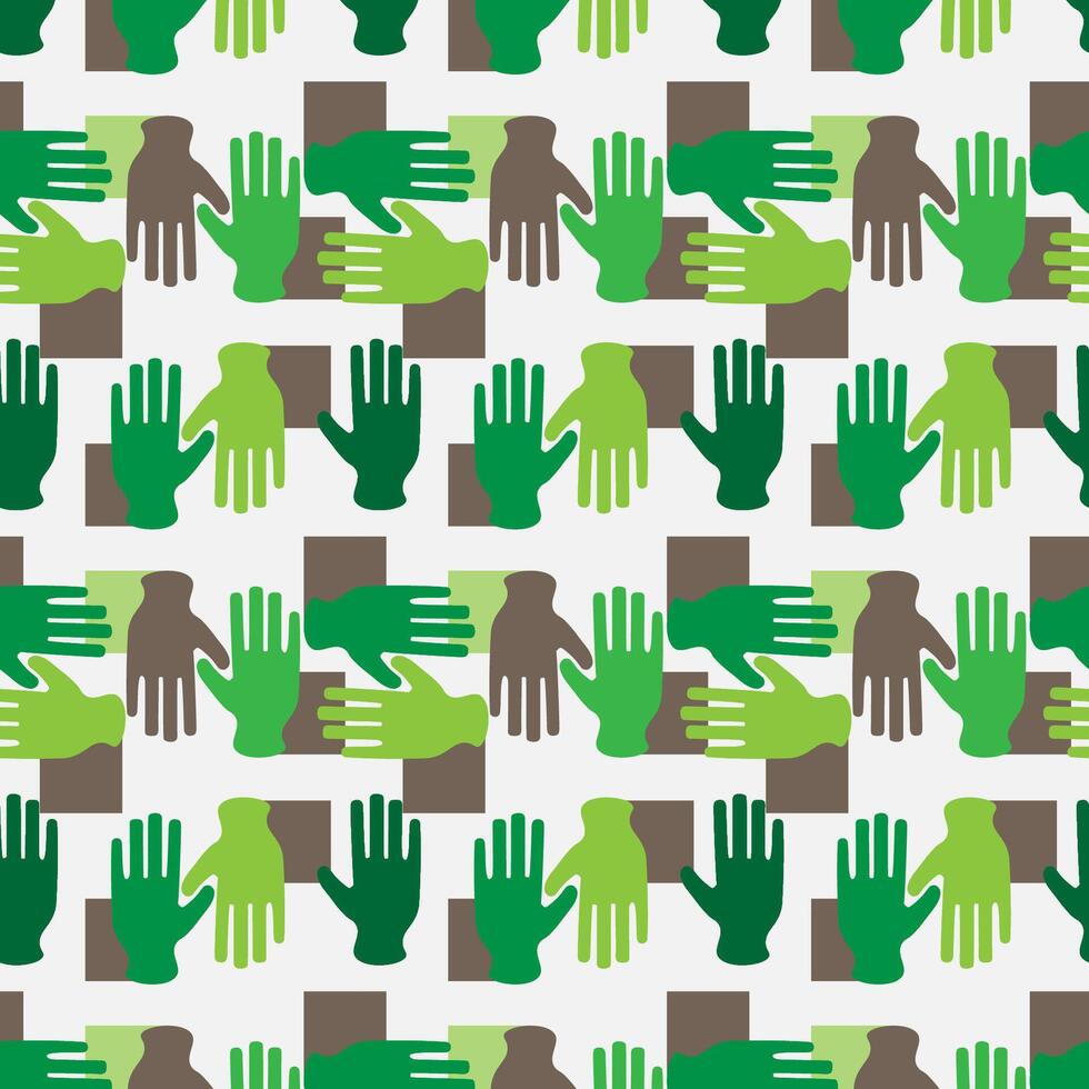Colorful pattern of overlapping green hands on geometric background vector
