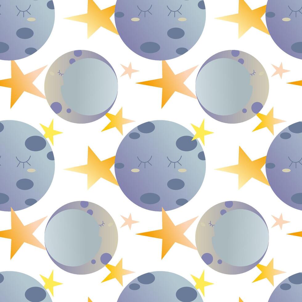 Pattern of moon phases, stars and clouds on white background. Night sky. illustration of starry sky with different moon shapes in pastel colors in cartoon style. vector