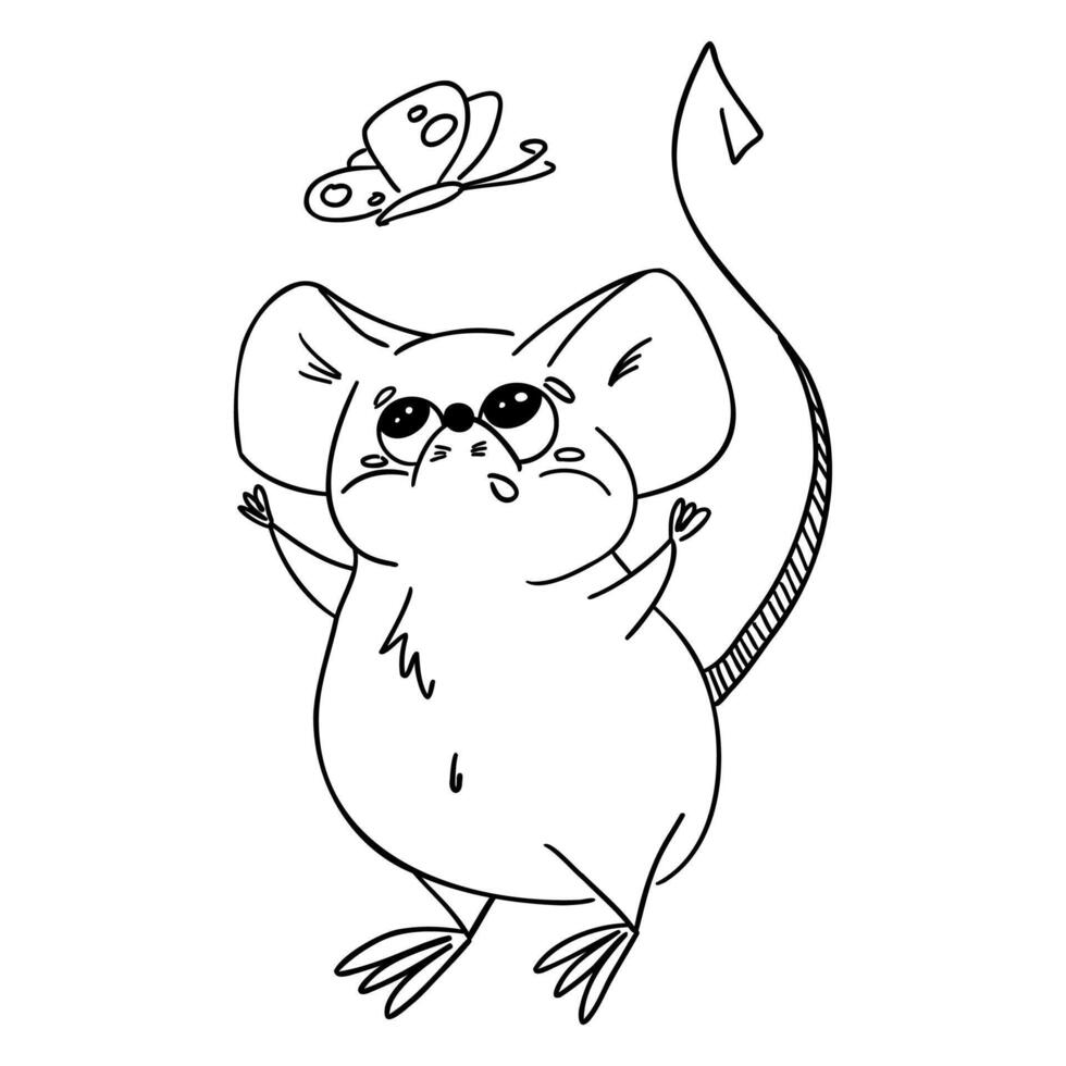 Cute chubby mouse curiously looking at a butterfly. Line art illustration perfect for children's books, coloring pages, or nature-themed designs. Light and whimsical style for storytelling and kids vector