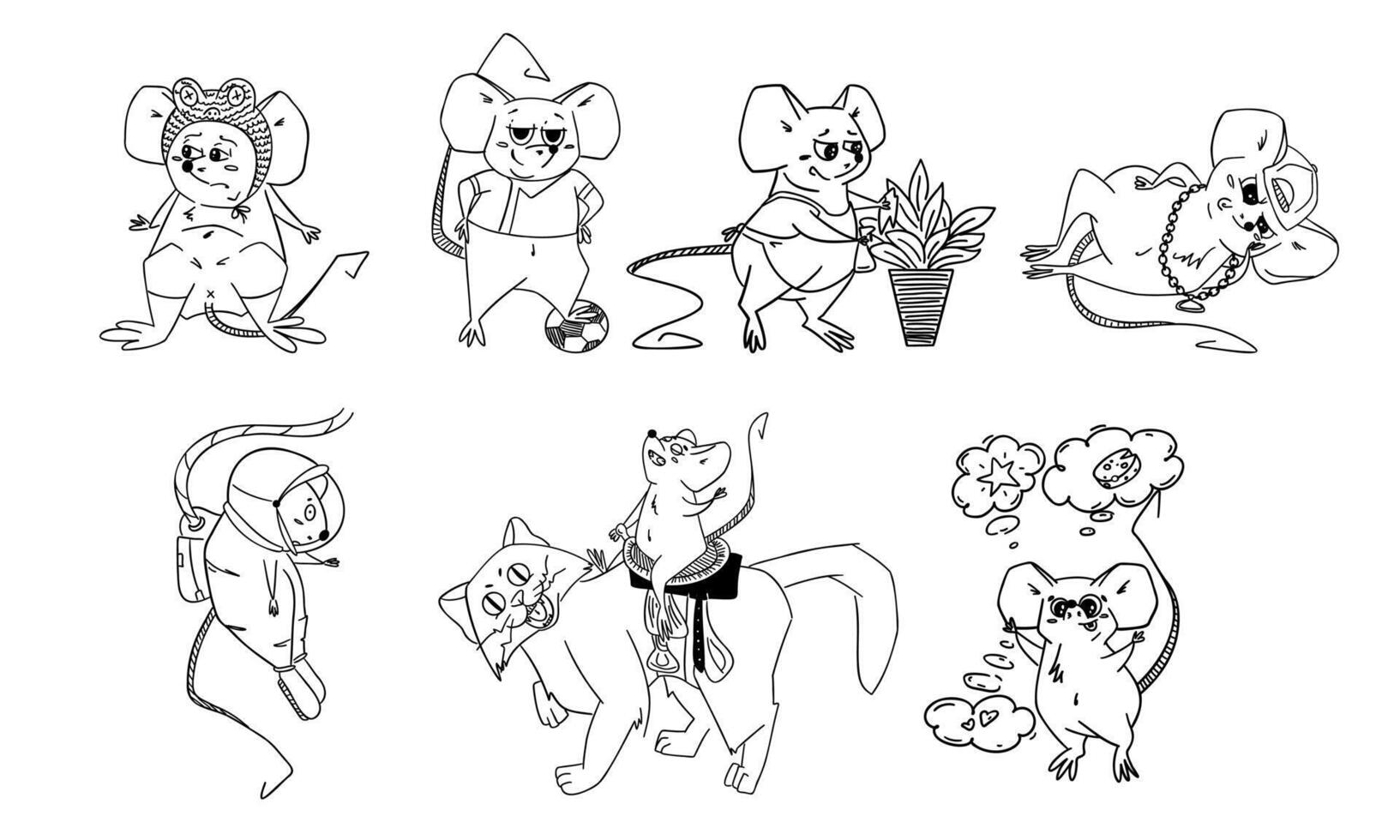 Set of cute cartoon mouse characters in various poses and costumes. Hand-drawn black and white line art illustration perfect for coloring books, educational materials vector