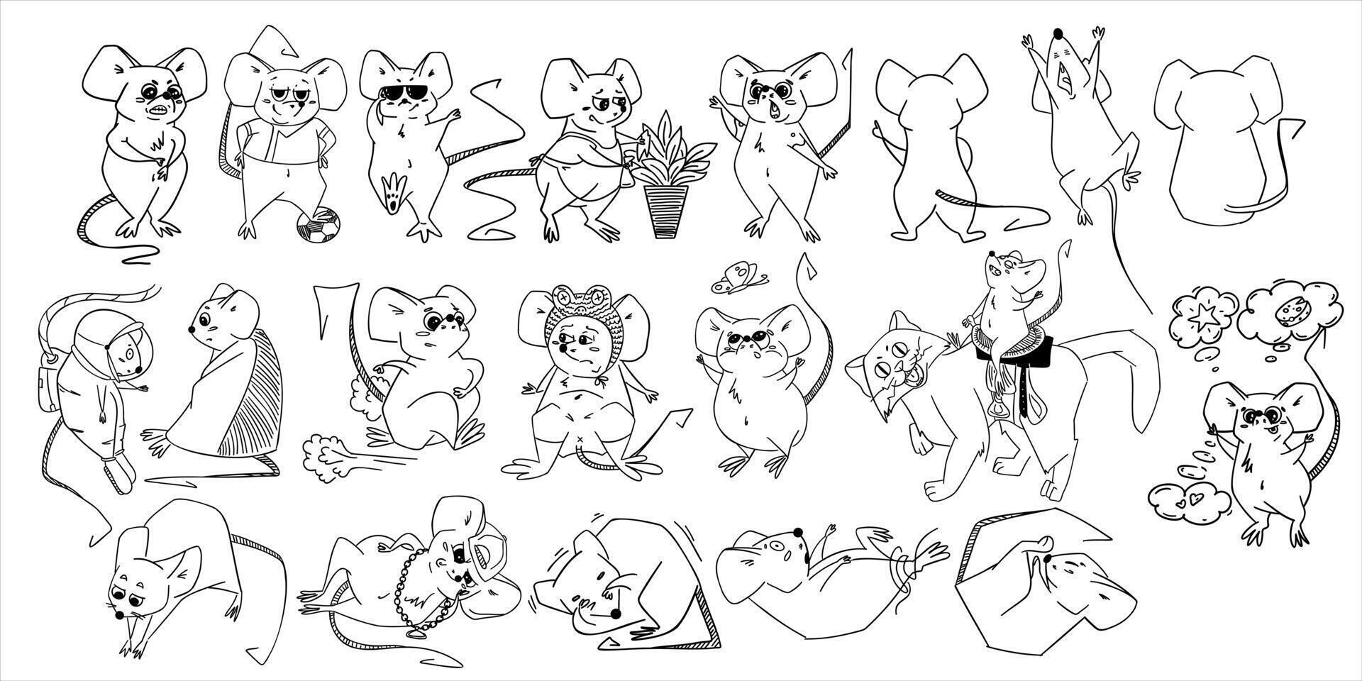 Set of cute cartoon mouse characters in various poses and costumes. Hand-drawn black and white line art illustration perfect for coloring books, educational materials, kids' games vector