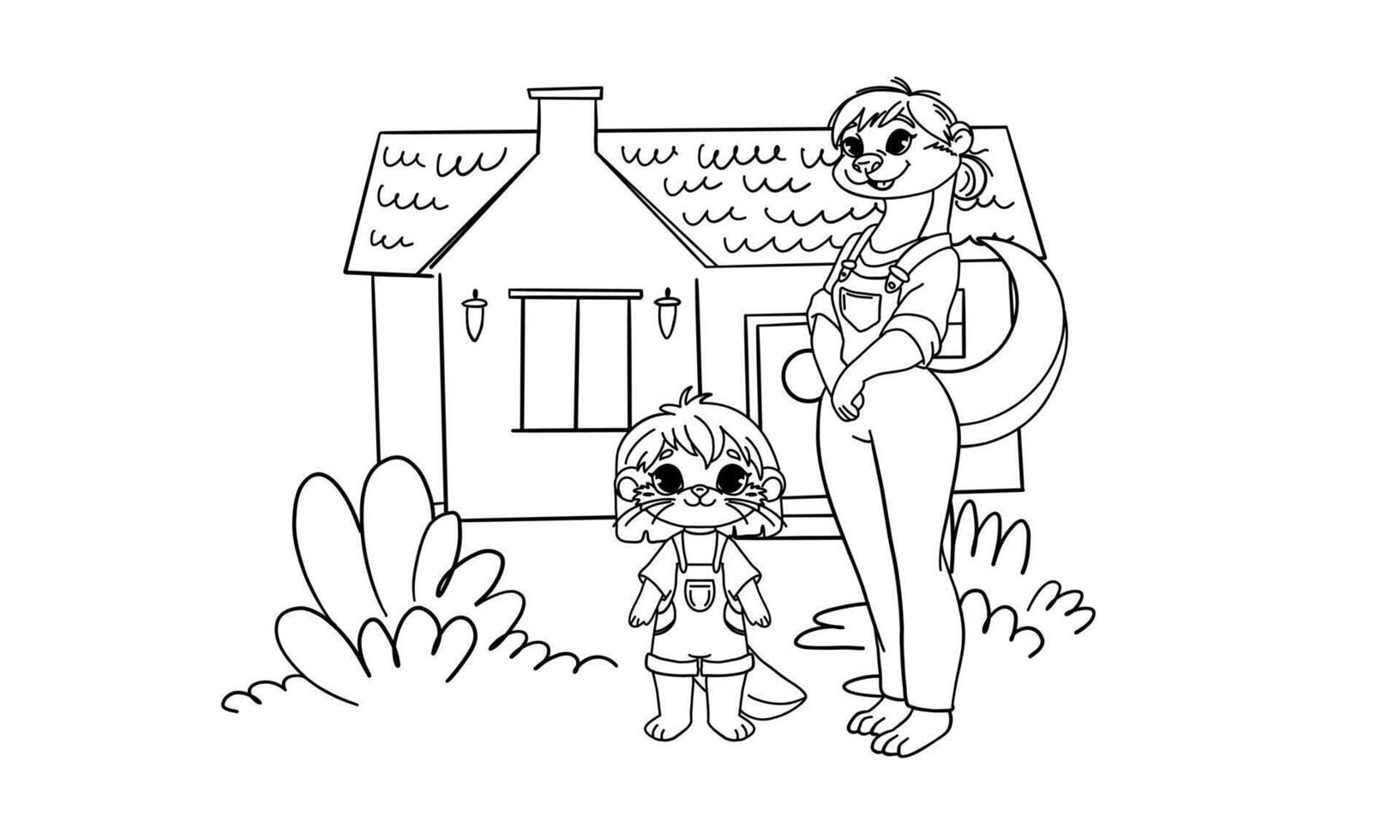 black and white anti-stress coloring page featuring a charming house with a balcony, fence, and lush garden with blooming bushes. Includes an anthropomorphic otter character wearing a jumpsuit, vector
