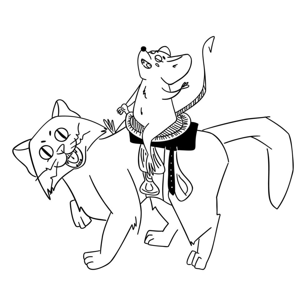 Funny cartoon mouse riding a cat with a saddle. Humorous black and white line art perfect for coloring pages, childrens books, or quirky story illustrations. Great for projects with themes of friends vector
