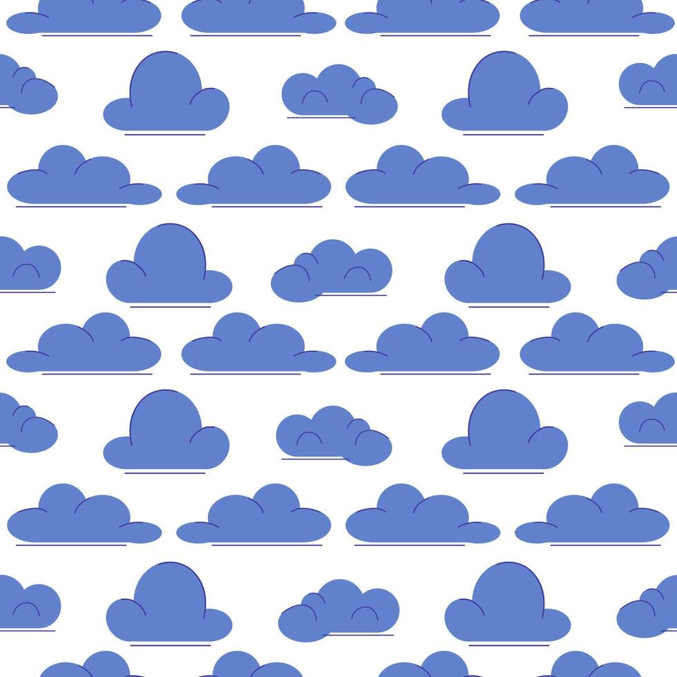 Seamless pattern of blue clouds on a white background. Cute cartoon-style cloudy sky illustration. Perfect for childrens designs, nursery decor, fabrics, wallpapers, wrapping paper, and digital proje vector