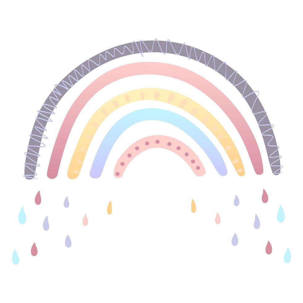 Hand illustrations of rainbows in soft pastel colors. In warm pinks and purples with cute hearts and scallops and in blue and pink accents with delicate raindrops. Perfect for use in children's vector