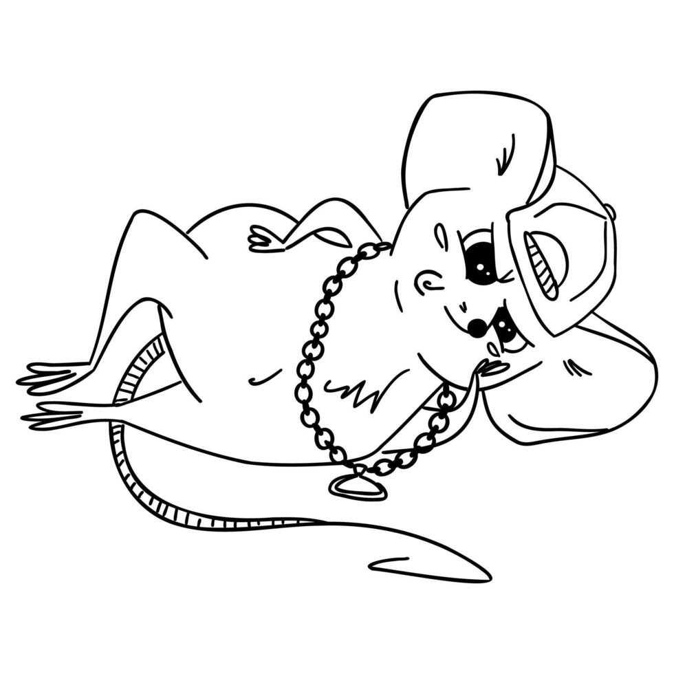 Relaxed cartoon mouse lying in a cap with a stylish chain. Line art illustration in a fun and cozy style perfect for children's books, coloring pages, or character design projects with attitude vector