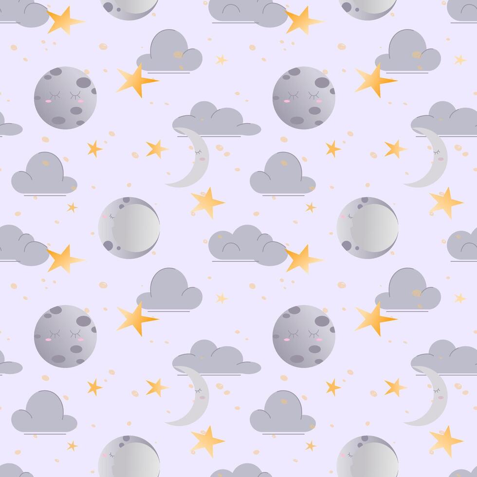 Pattern of moon phases, stars and clouds on light purple background. Night sky. illustration of starry sky with different moon shapes in pastel colors in cartoon style. vector