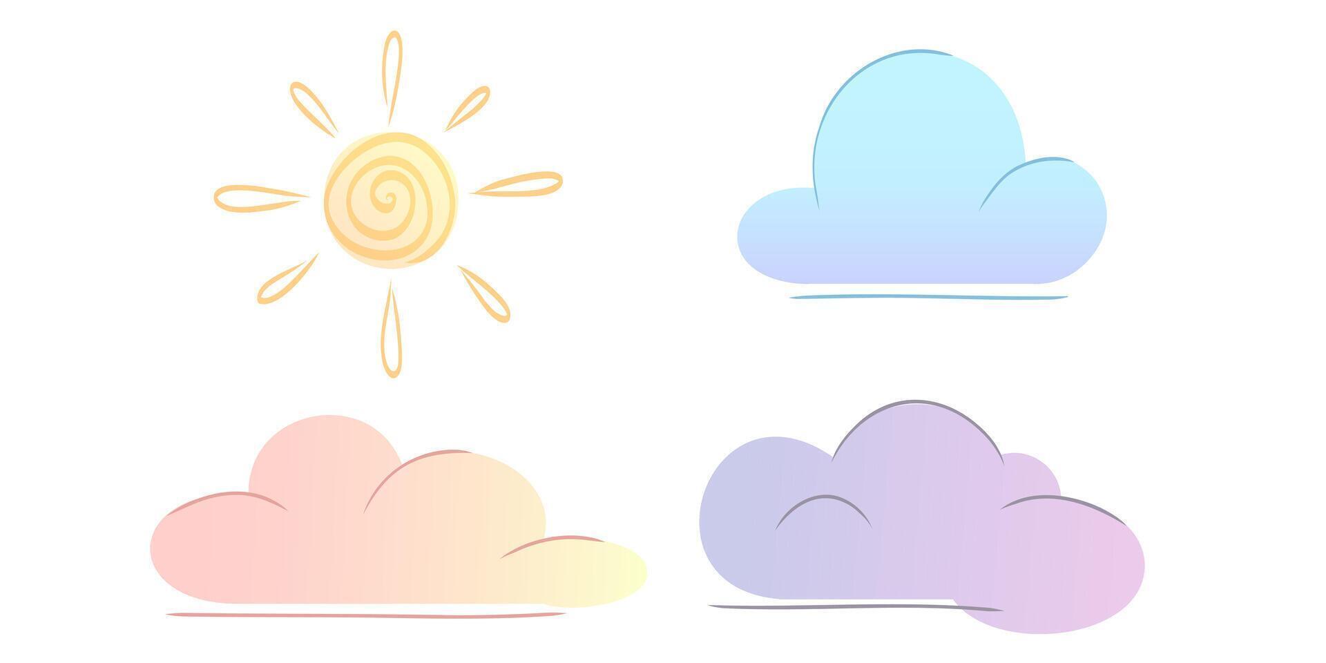 Pastel pattern set with cute rainbows, clouds, raindrops and sunshine. The hand drawn style is perfect for baby products, nursery decor, baby textiles, wrapping paper and scrapbooking. vector