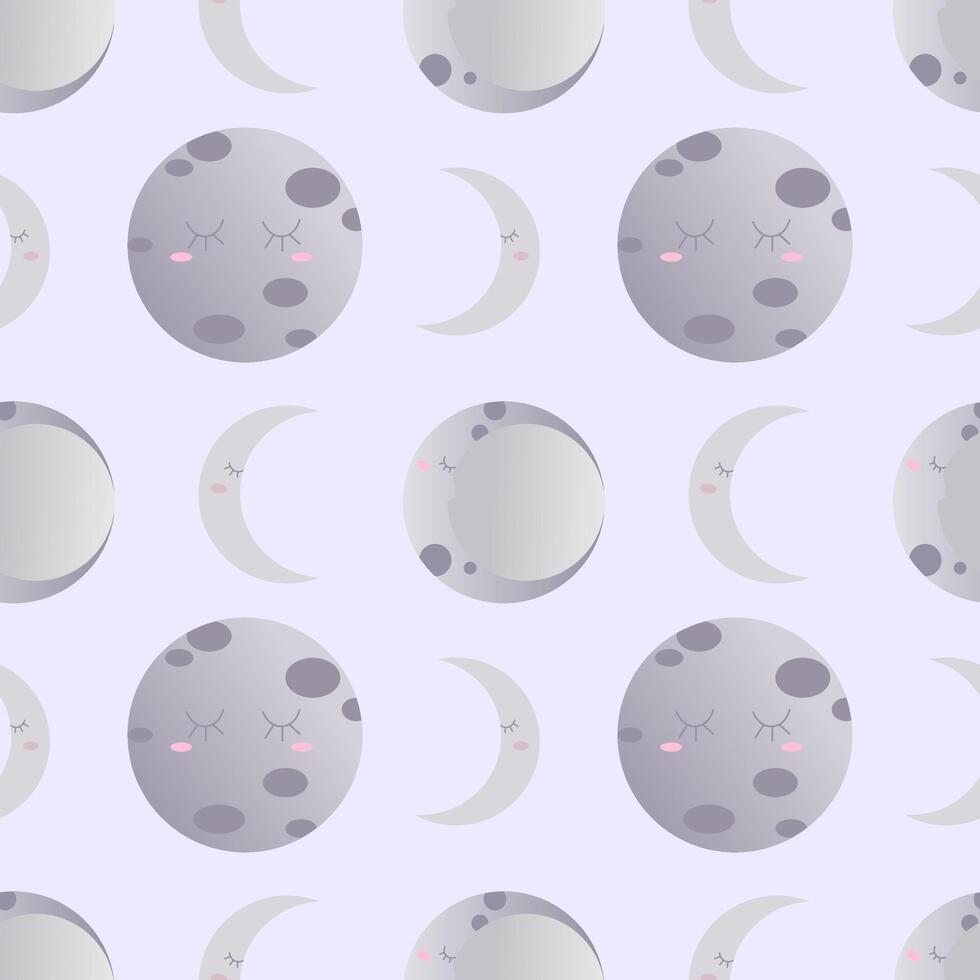 Pattern of moon phases, stars and clouds on light purple background. illustration of starry sky with different moon shapes in pastel colors in cartoon style. vector