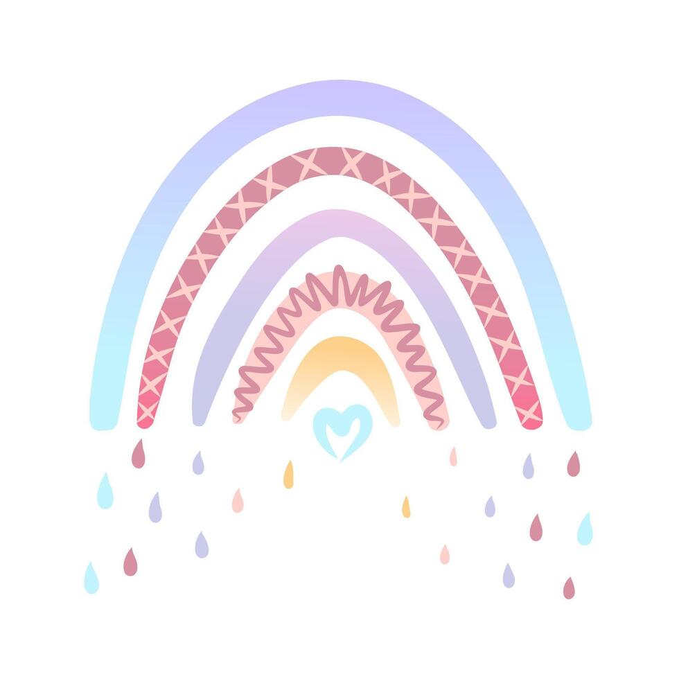 Hand drawn illustrations of rainbows in soft pastel colors. In warm pinks and purples with cute hearts and scallops and in blue and pink accents with delicate raindrops. Perfect for use in children's vector