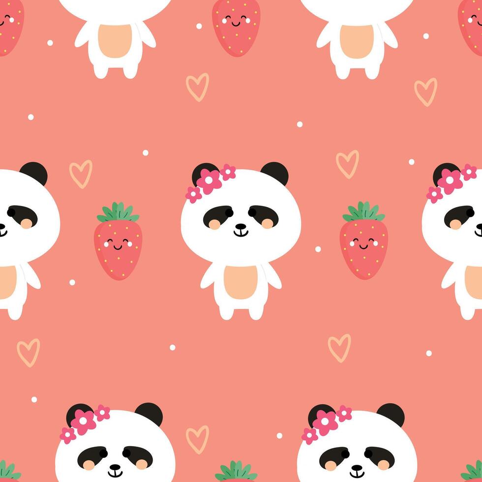 Seamless pattern cartoon panda and strawberry. cute animal wallpaper for fabric print, gift wrap paper vector