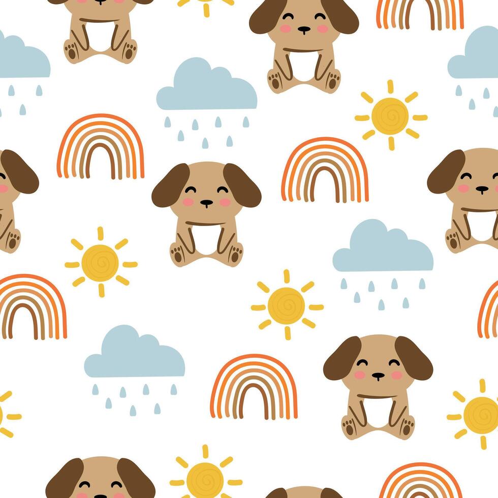 Seamless pattern cute cartoon brown puppy with sky element and plant. cute animal drawing for wallpaper, pattern, background vector