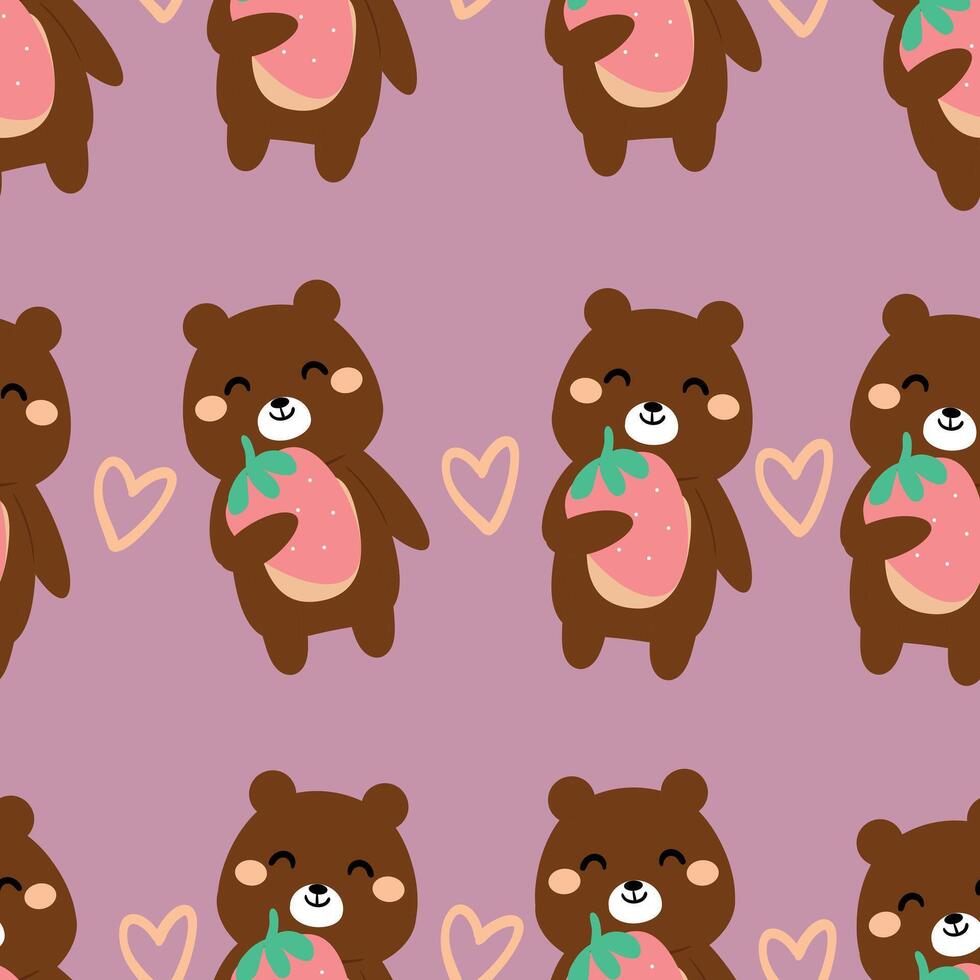 Seamless pattern cute cartoon brown bear holding strawberry. cute animal drawing for wallpaper, pattern, background vector