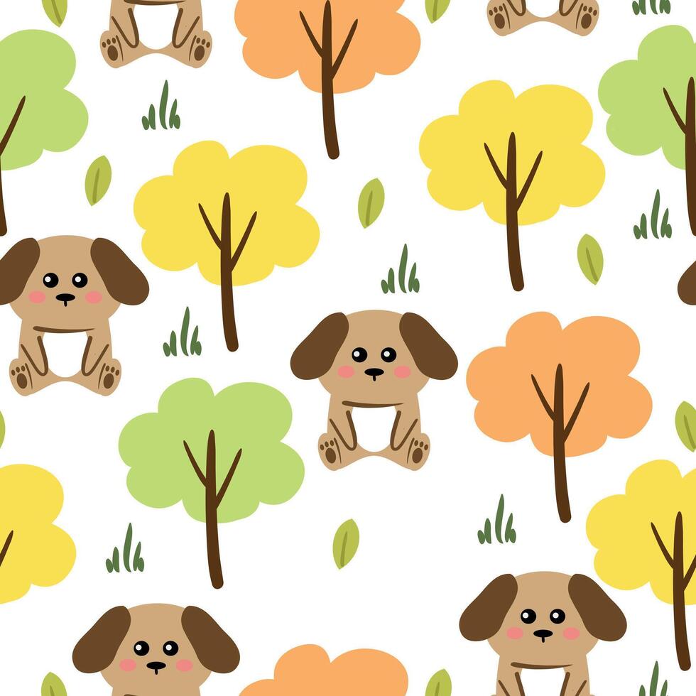 Seamless pattern cute cartoon brown puppy with tree element and plant. cute animal drawing for wallpaper, pattern, background vector