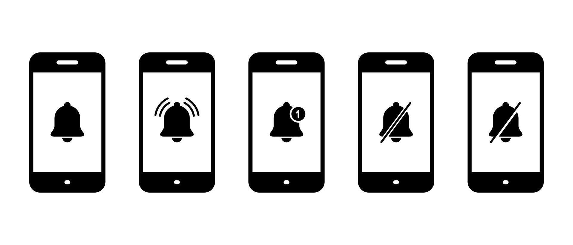 Notification bell on mobile phone icon set collection. Smartphone alarm sign symbol vector