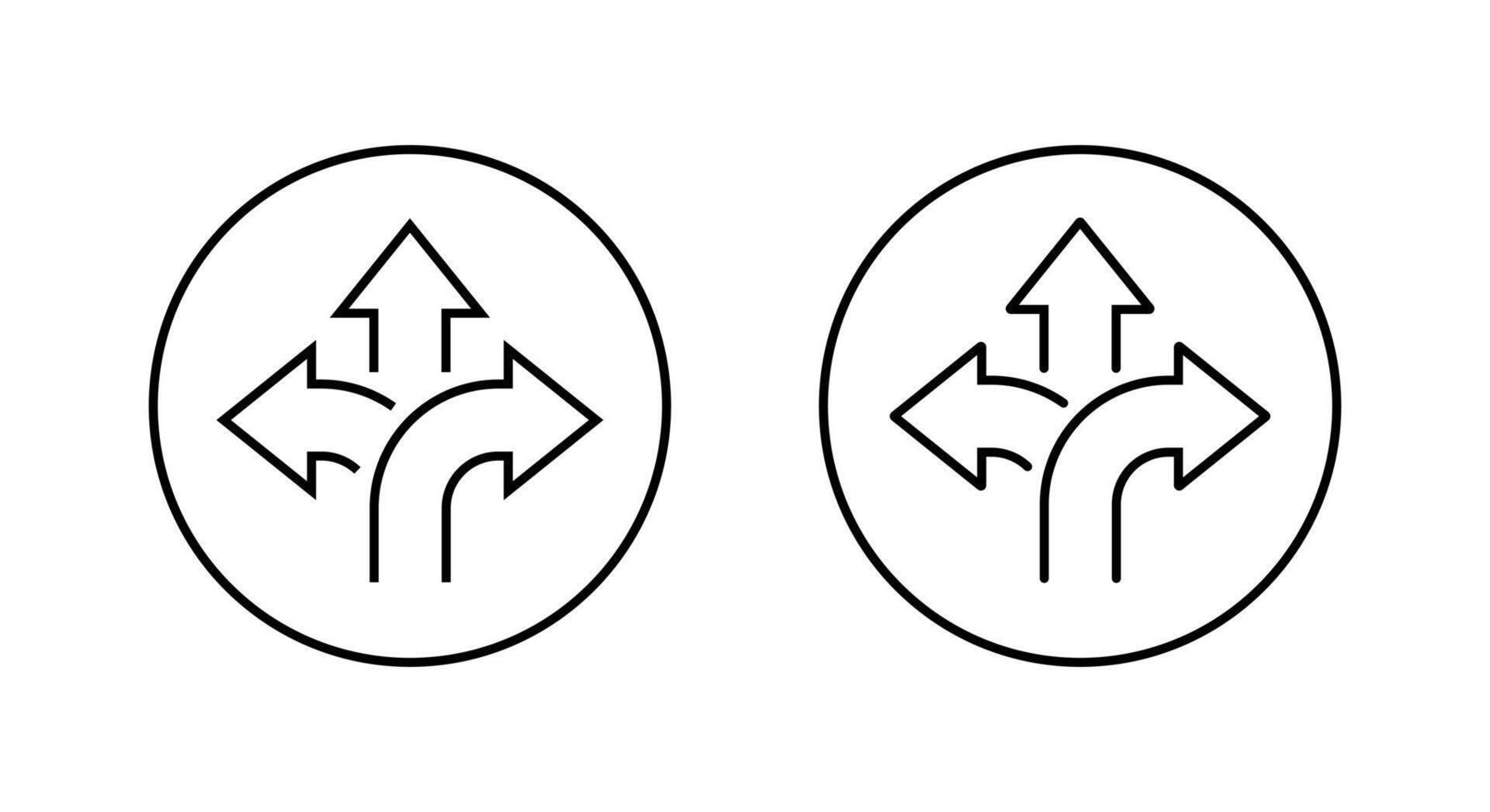 Three way arrow up outline icon on circle line. Direction choice sign symbol vector