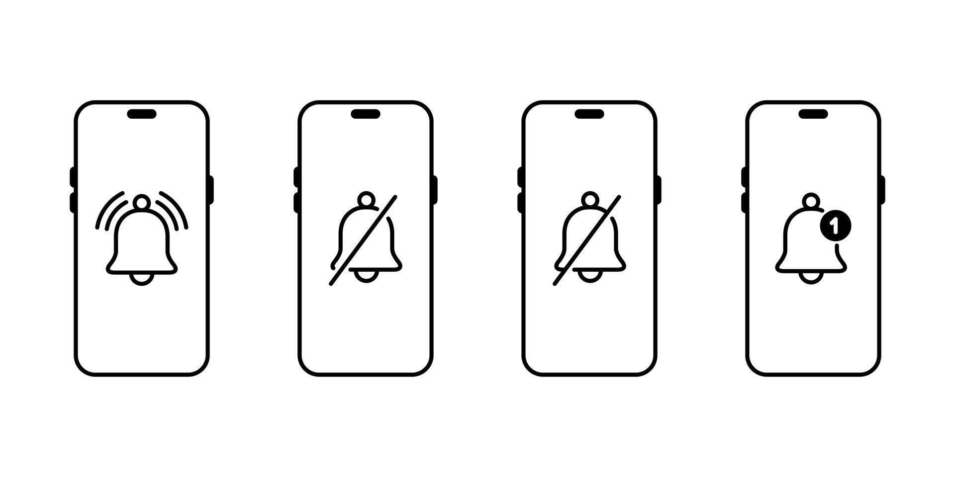 Notification bell on smartphone icon set collection. Alarm mobile phone sign symbol vector