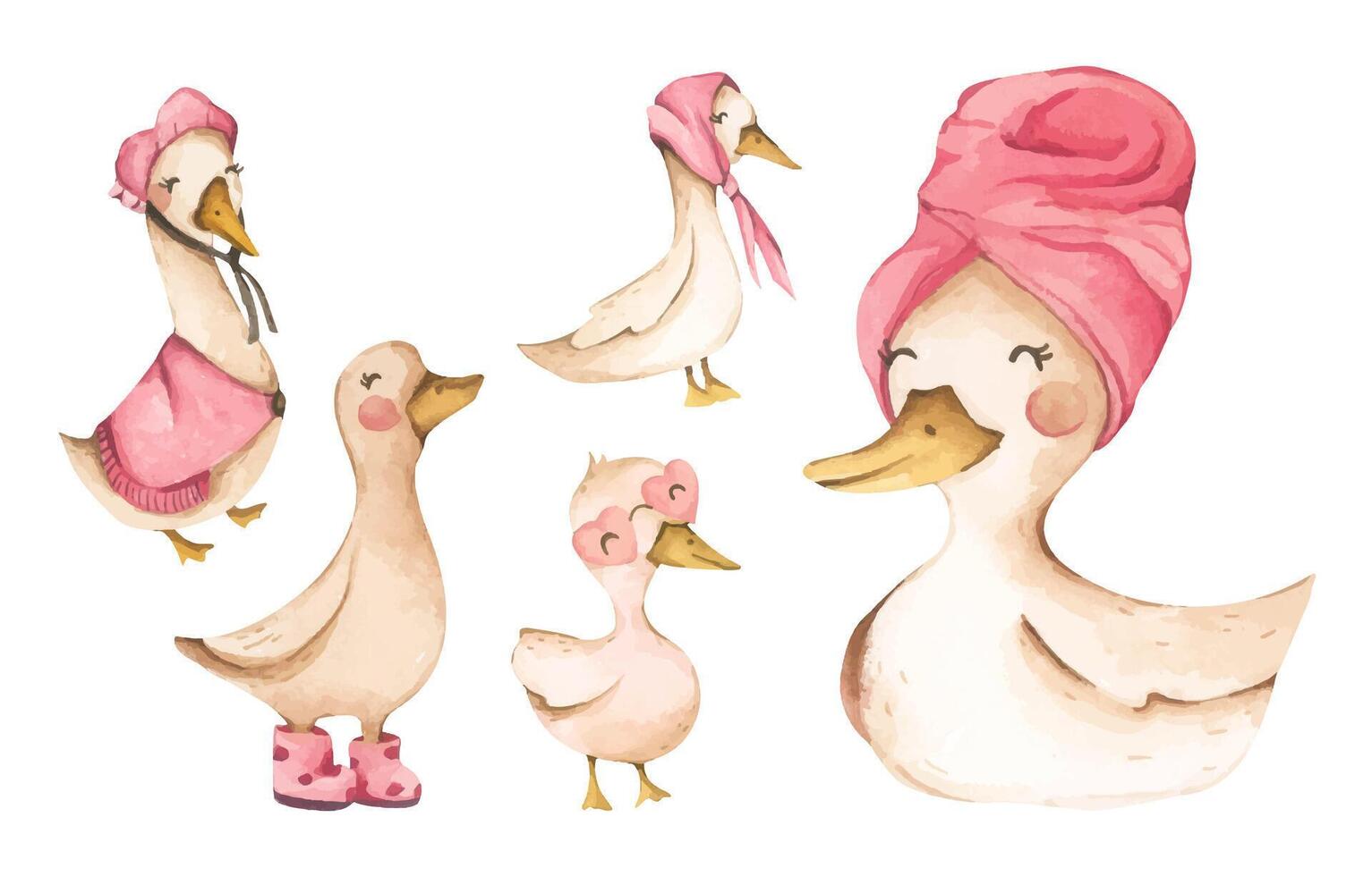 Set of Goose coquette watercolor silly goose pink mama cute pastel elegant soft whimsical vector