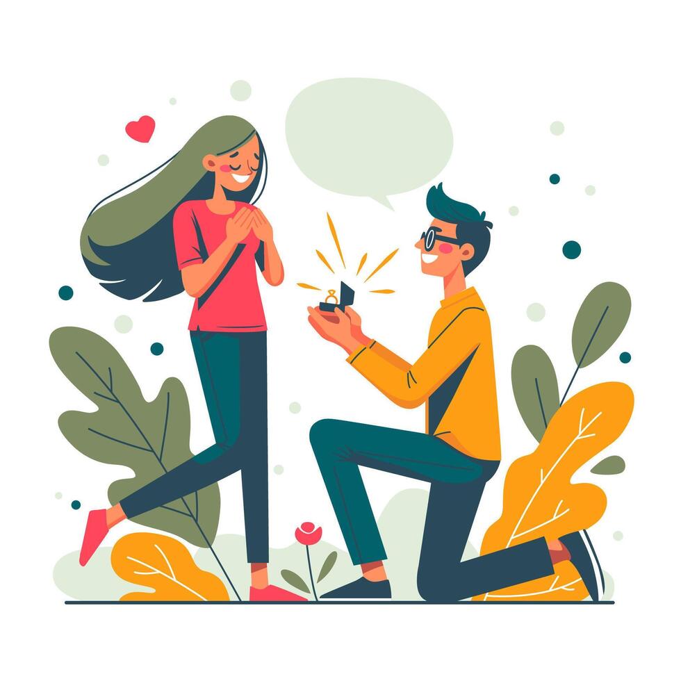 Man proposing to woman by kneeling and holding box with ring in hands. Color illustration in flat style. vector