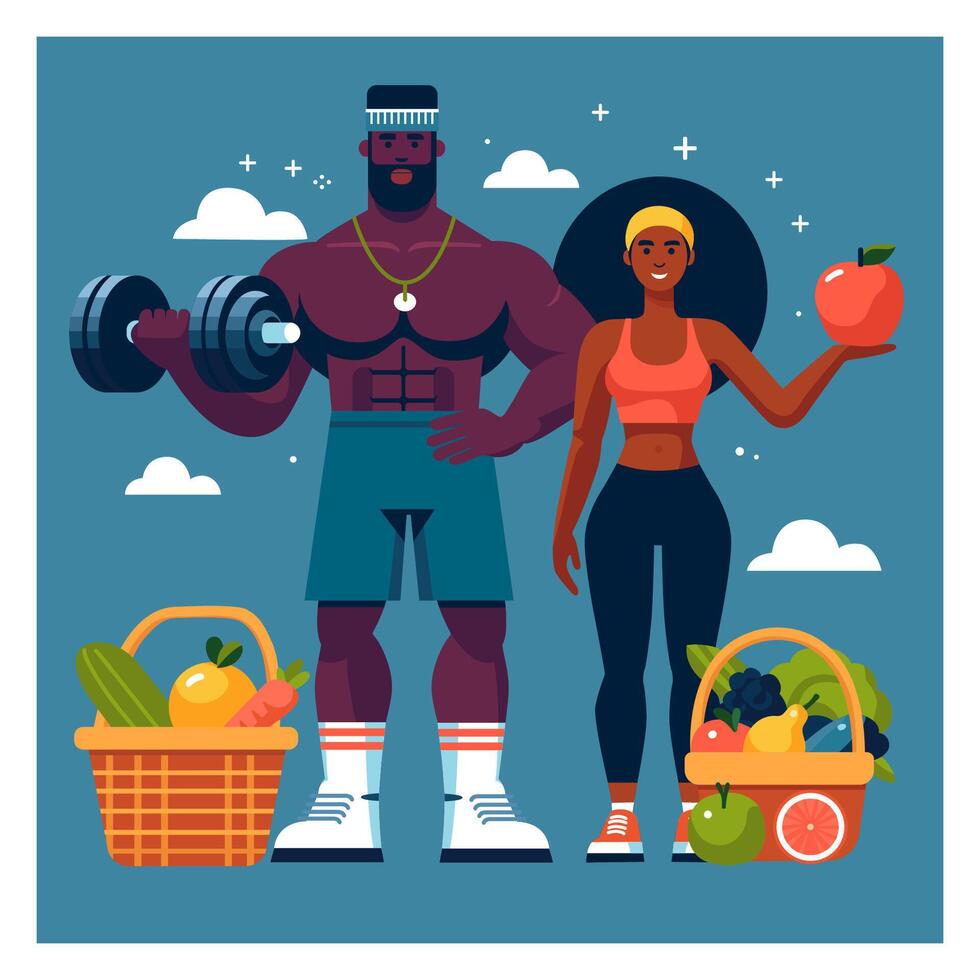 Man and woman. Athletes in sportswear and shoes, in good physical shape. Baskets filled with vegetables and fruits. vector
