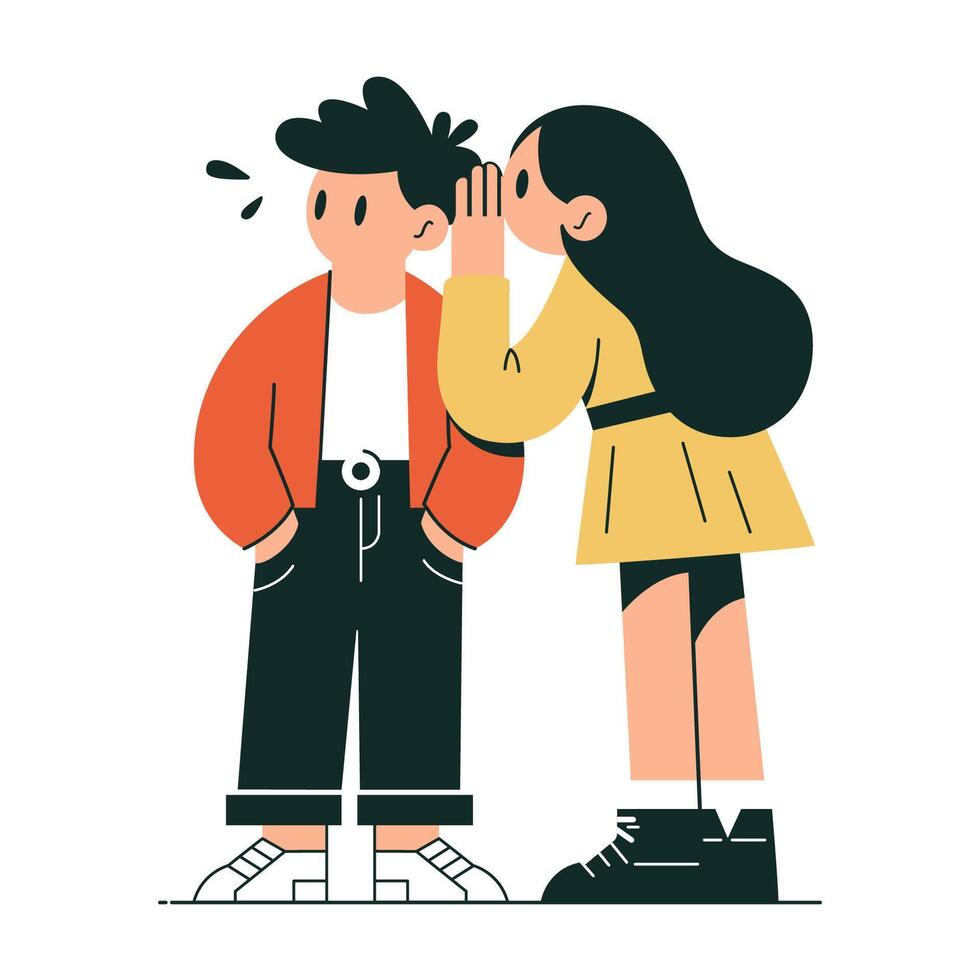 Girl whispering a secret into a boy's ear. Characters isolated on white background. vector