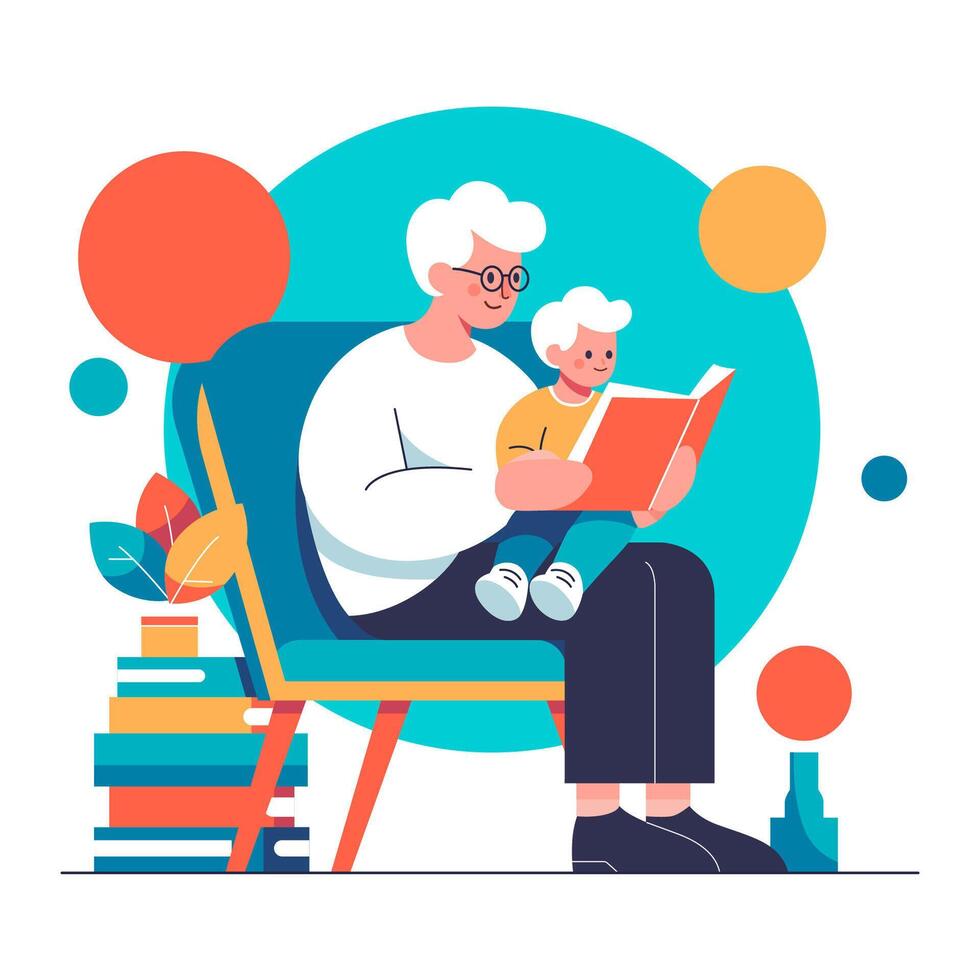 A father sits in a chair at home and reads a book to his son who is sitting on his lap. vector