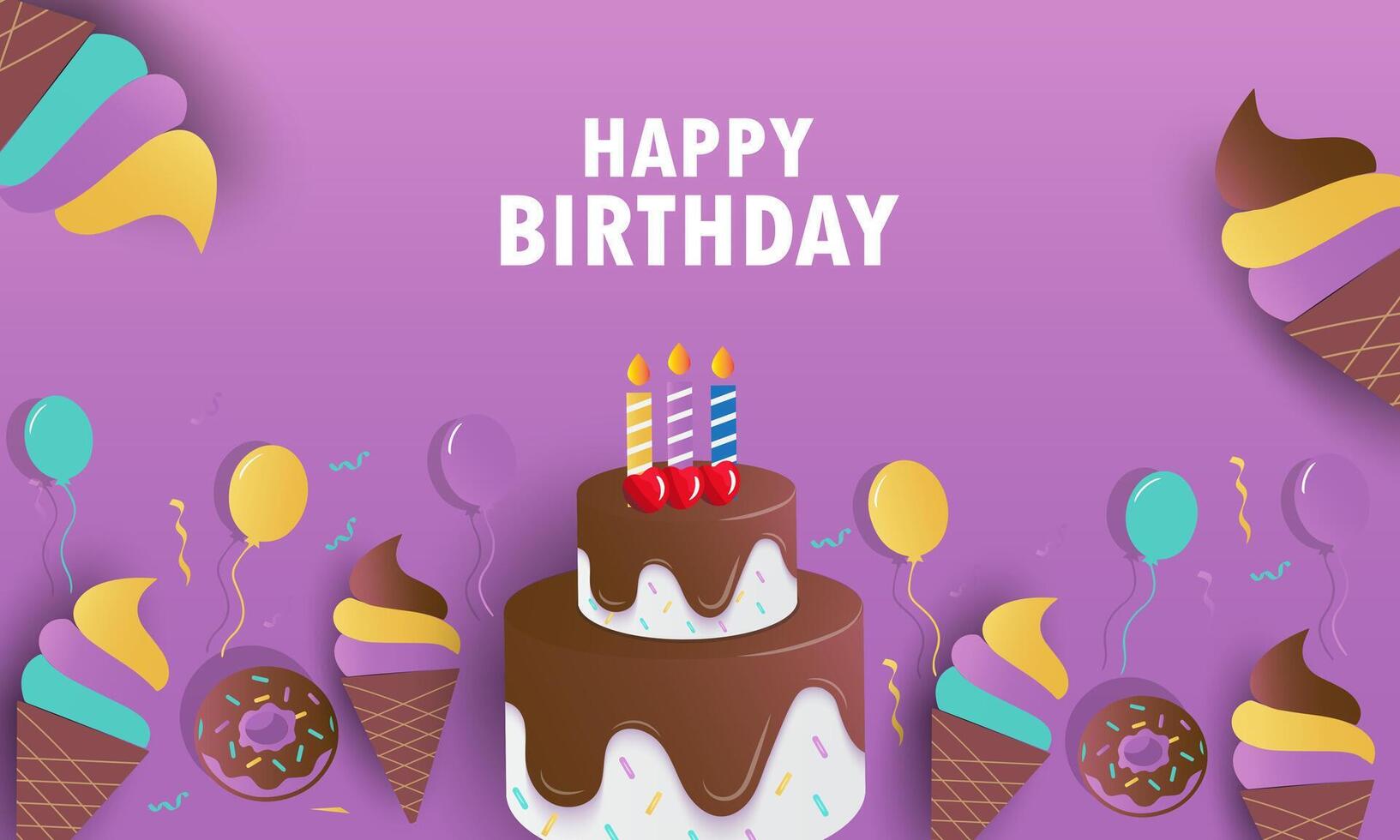 happy birthday cake with ice cream and balloons on purple background vector