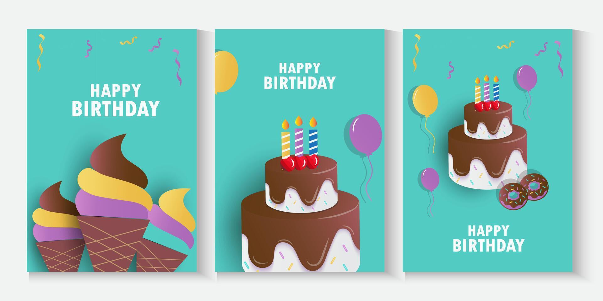 set of happy birthday card, poster, banners with cake and ice cream vector