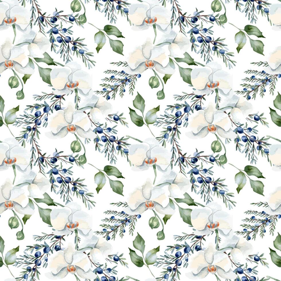 Floral seamless pattern with coniferous plants and blue berries. White orchids, juniper and leaves holly in neutral watercolor isolated. Evergreen branches and flowers hand drawn for design textile. vector