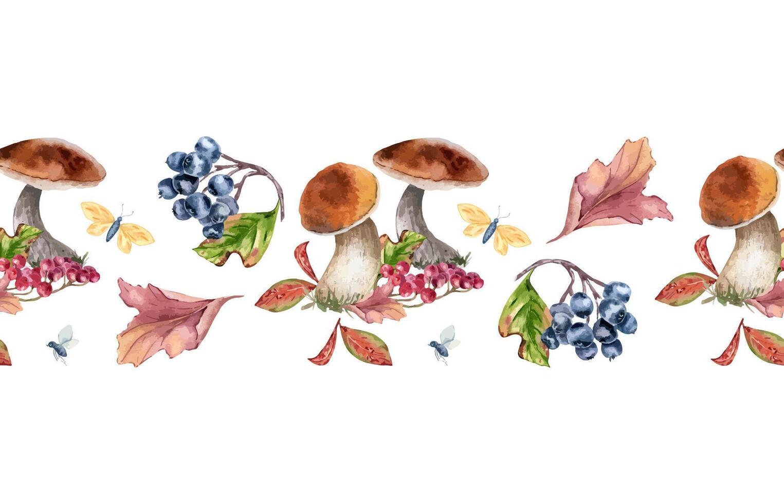 Autumn plants seamless border. Mushrooms and leaves, butterfly in watercolor isolated. Rowan red, viburnum berries, black chokeberry painted. Fall colorful repeated texture with wild forest plants. vector