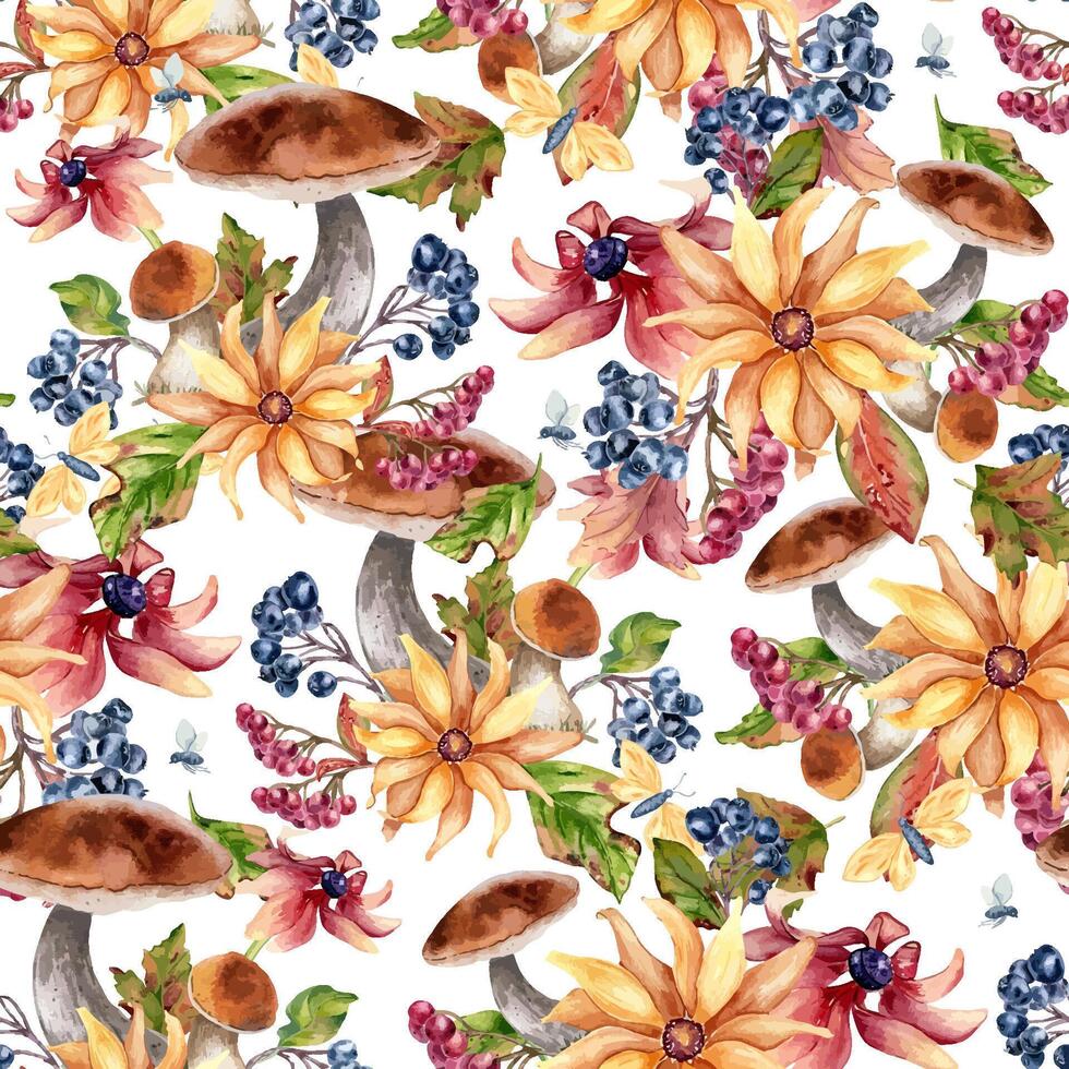 Watercolor colorful autumn seamless pattern with forest bolete, berries, flowers, and butterfly isolated. Floral repeated background of fall leaves, chokeberry rowan hand painted for seasonal design vector