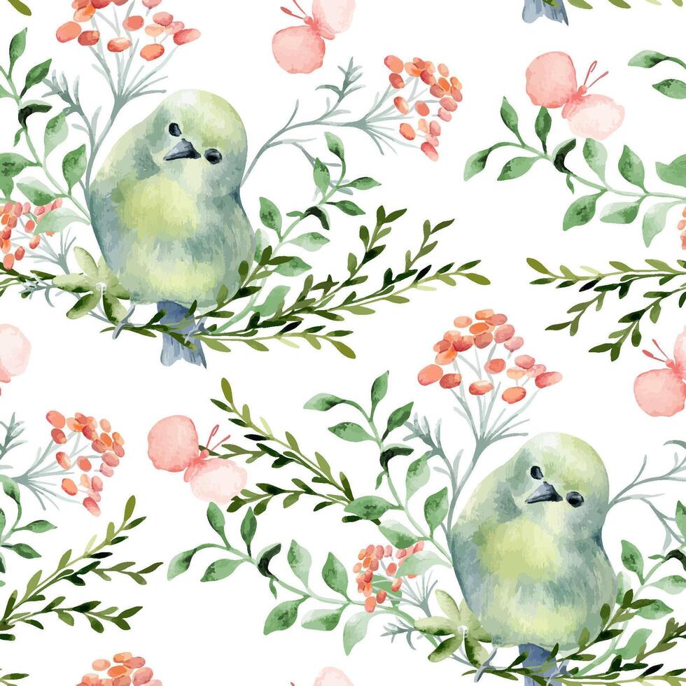 Green yellow tiny birds round in floral elements hand drawn watercolor seamless pattern isolated. Design home textile with butterfly, birdie and simple flowers in sketch. Cute avian background vector