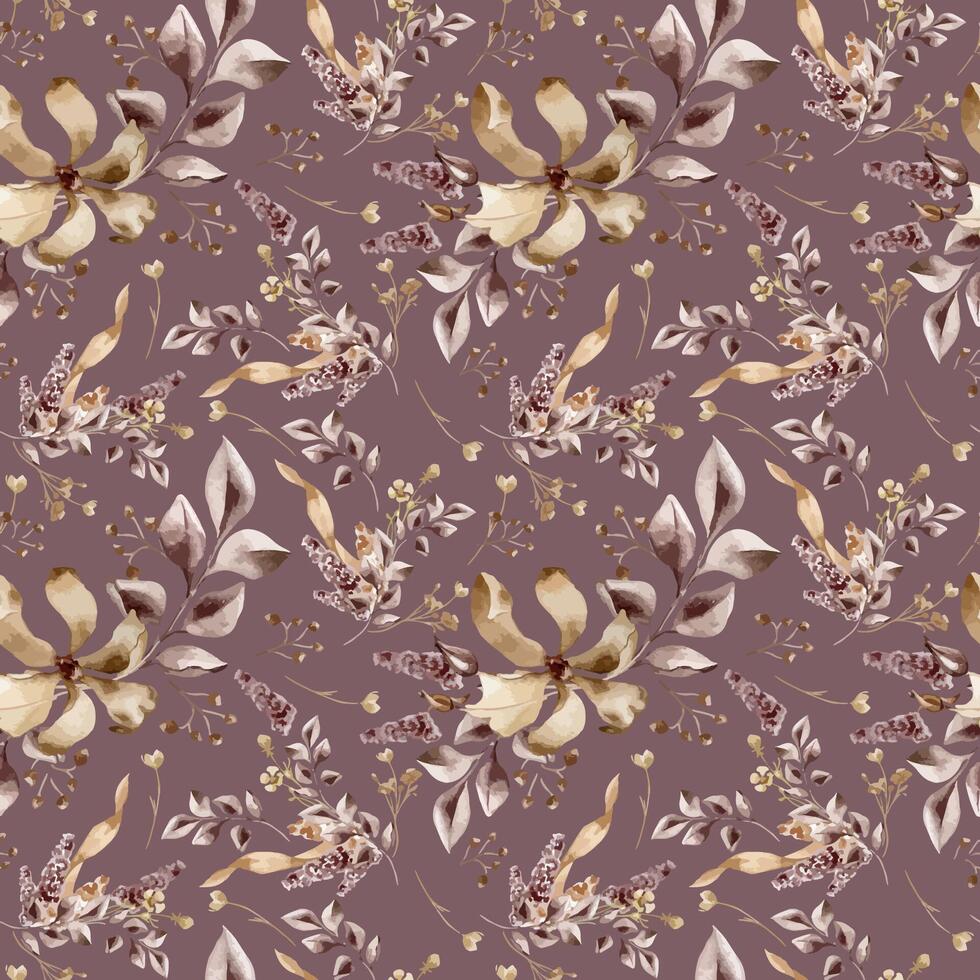 Monochrome flowers, branch maroon color watercolor seamless pattern isolated. Florals dark brown color hand drawn. Leaves in sepia tones. Design of event - related stationery, textile, packaging. vector