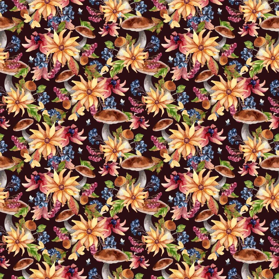 Watercolor colorful autumn seamless pattern with forest bolete, berries, flowers, and butterfly isolated. Floral repeated background of fall leaves, chokeberry rowan hand painted for seasonal design. vector