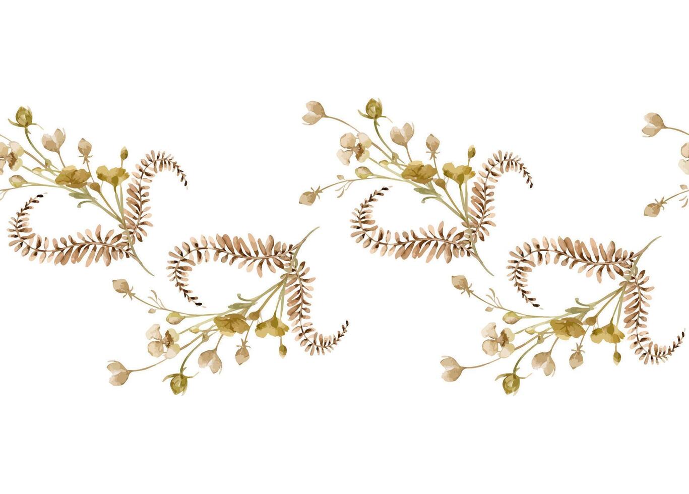 Dried flowers, fern in monochrome watercolor beige color. Abstract flowers in sienna color seamless border isolated. Fantasy wild plants, buds hand drawn. Design of branding in nature style, textile vector