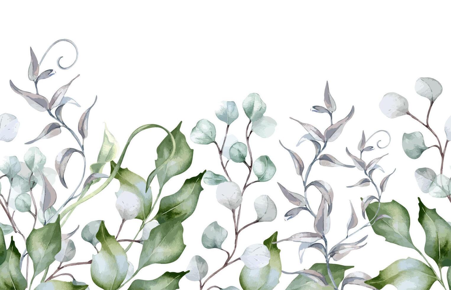 Foliage in sage green colors watercolor seamless border isolated. Pastel green leaves, branches of eucalyptus, rippled liana hand drawn. Botanical greenery repeating texture for template, banner vector