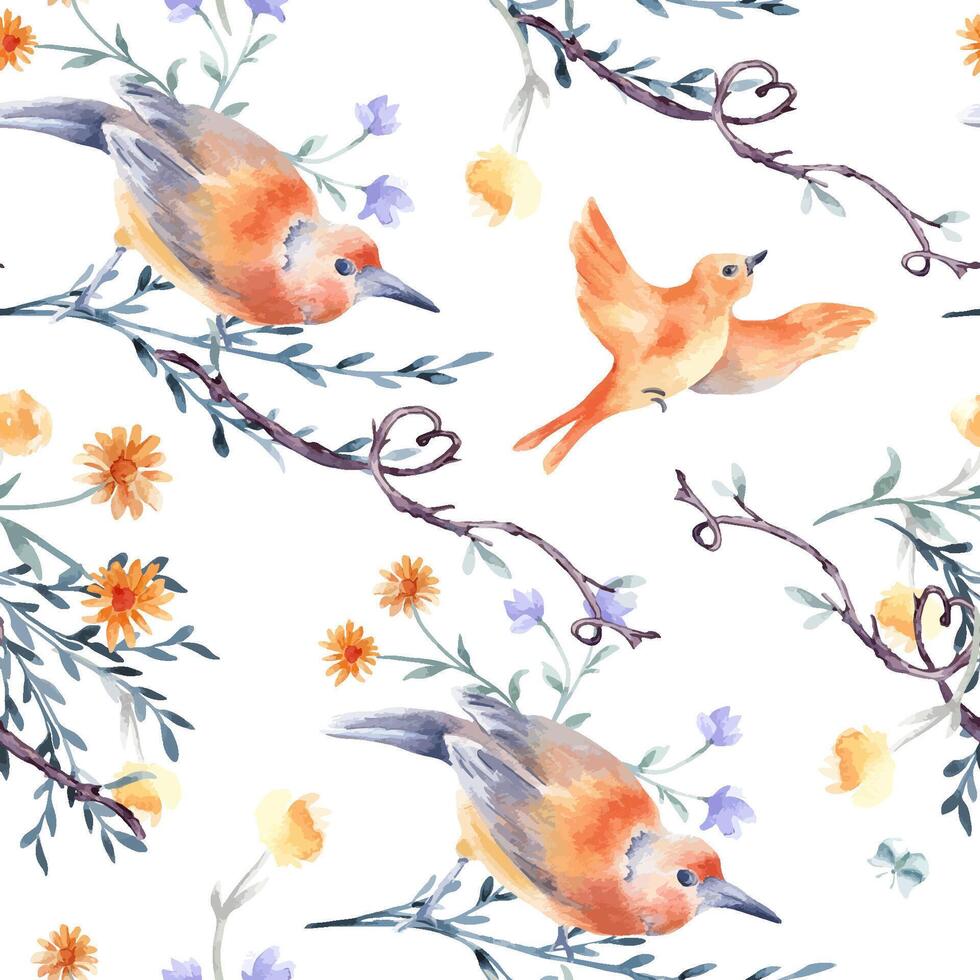 Birds, butterfly and twigs with hearts hand drawn watercolor seamless pattern isolated. Floral avian design textile in orange blue colors. Bird sketch on nature repeated background hand painted vector