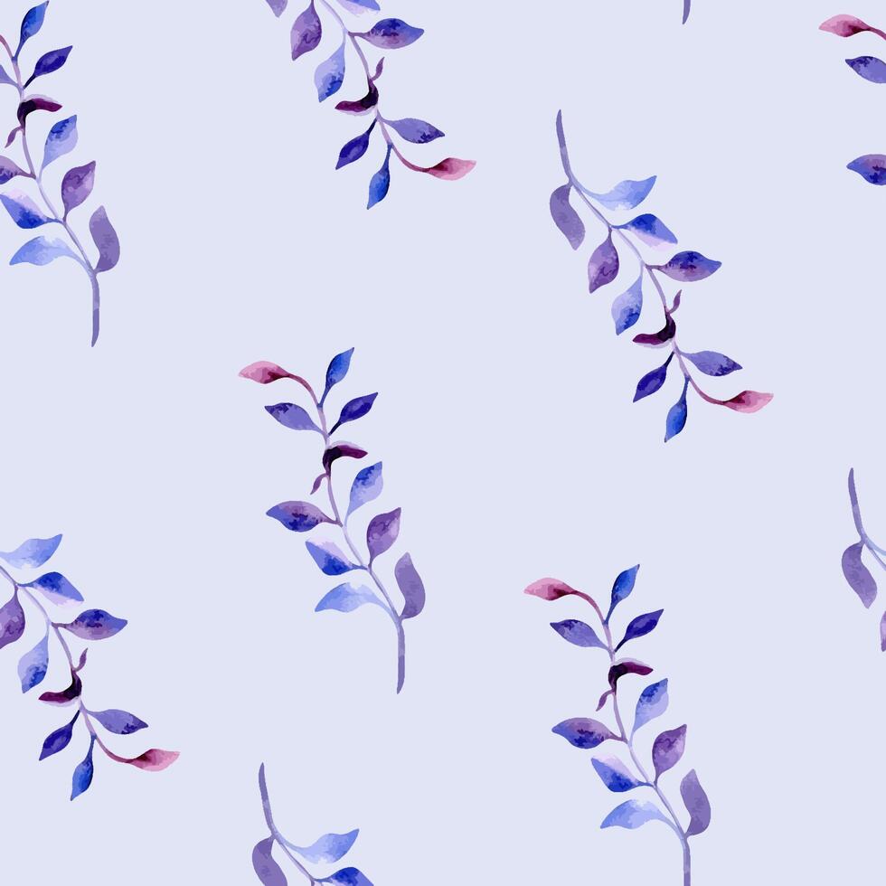 Blue curvy branches with leaves watercolor seamless pattern isolated. Purple pink liana on repeating background. Abstract colorful twigs hand drawn. Botanical pattern for design textile, package vector