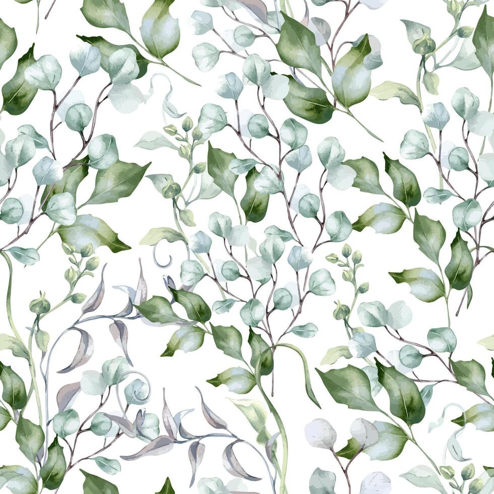 Eucalyptus branches, holly leaves and curly vines in pastel watercolor isolated. Delicate foliage seamless pattern in sage green hand drawn for design textile. wrapping paper. Green flora background vector
