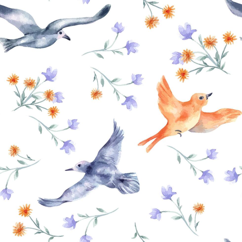 Birds and flowers watercolor seamless pattern isolated. Floral repeated background with flying birds in blue orange colors hand painted. Colorful birds and simple blooms design pattern for textile vector