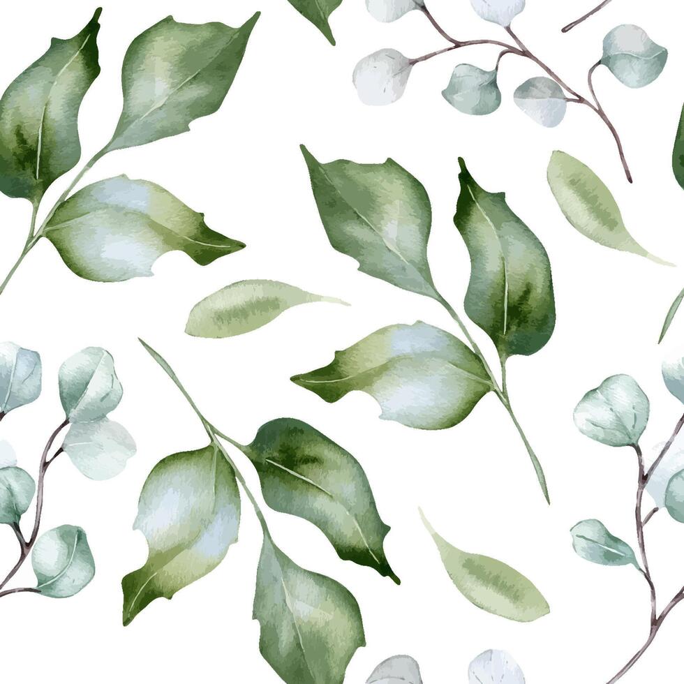 Pale green watercolor seamless pattern with holly leaves isolated. Foliage texture repeated of twigs and branches hand drawn in soft green. Greenery background for design textile, wallpaper, package. vector