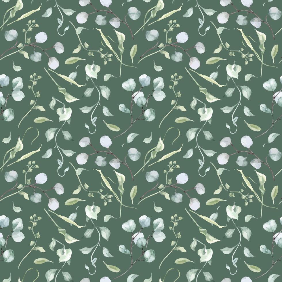 Watercolor eucalyptus leaves pale green seamless pattern isolated. Soft green foliage texture repeated of plant branches hand drawn. Greenery background for design textile, wallpaper, package vector