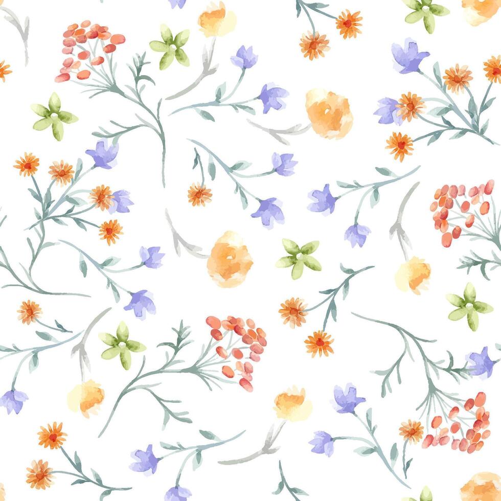 Delicate watercolor seamless pattern of flowers, herbs soft orange, blue colors isolated. Abstract meadow blooms on repeated texture hand painted. Simple botanical background for textile, paper vector